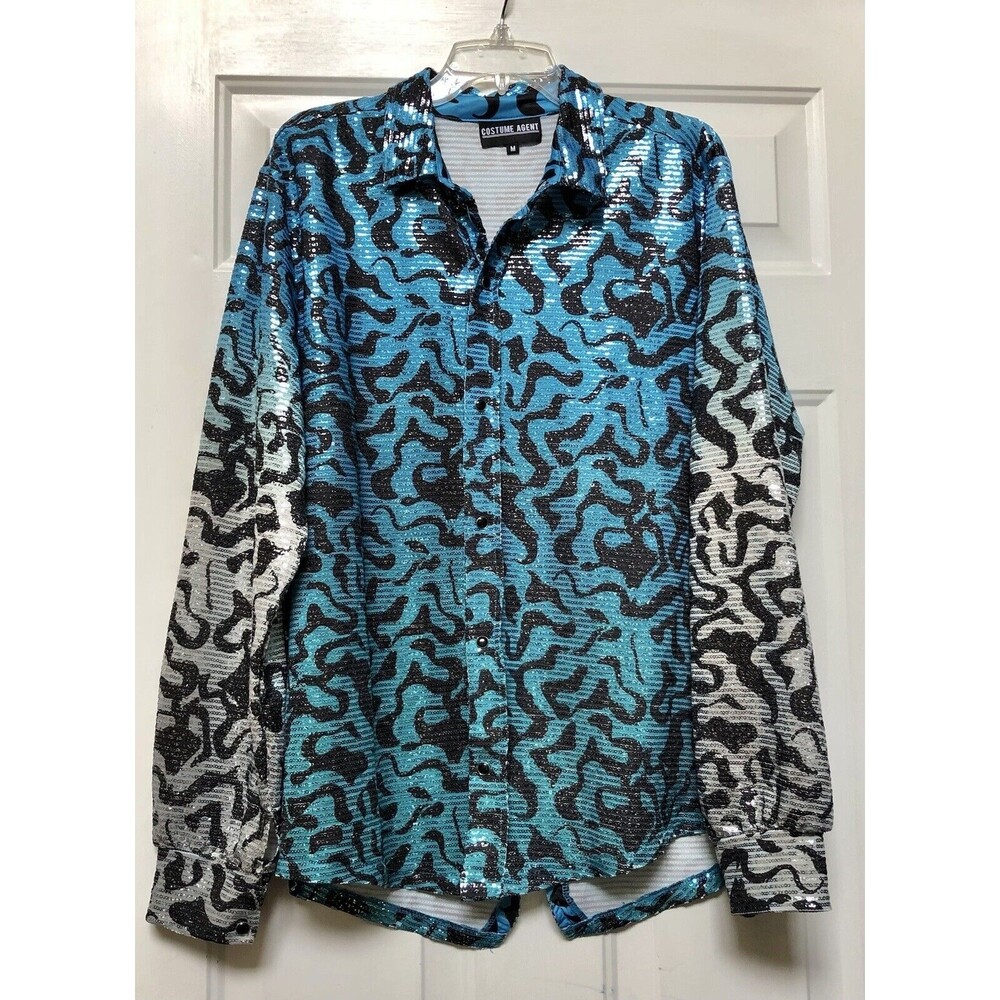 COSTUME AGENT TOP SIZE M SEQUIN BLUE ANIMAL PRINT LONG SLEEVES SNAP BUTTONS